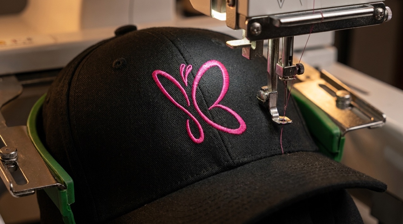 A black cap held in an embroidery machine hoop, part-way through stitching the Simply Beautiful butterfly mark in bright pink thread.