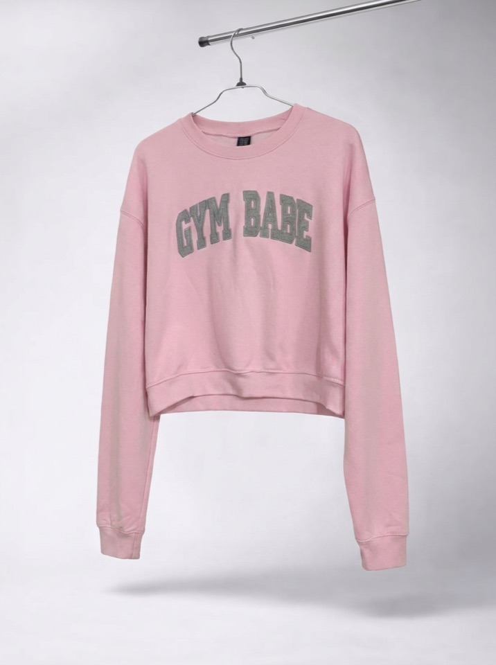 A pink cropped crewneck sweatshirt on a hanger with GYM BABE across the chest in grey collegiate appliqué lettering.